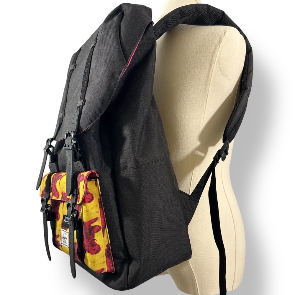 Herschel Supply Warhol Backpack Black Yellow Pink Cow Drawstring Snap Buckle EUC - Picture 11 of 14